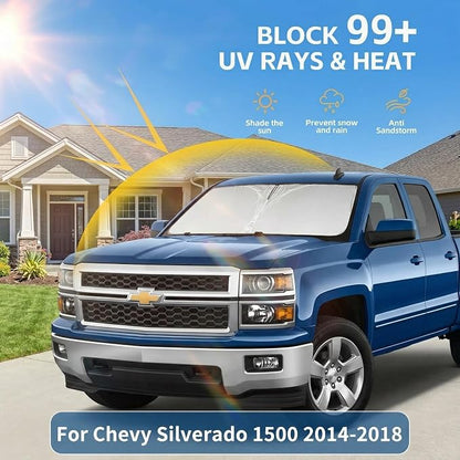 Windshield Sun Shade for Chevy/Chevrolet Silverado 1500 Accessories 2014-2018 Front Window Shade Custom Fit Silverado 1500 Sun Visor Foldable Shade Blocks UV Rays Summer Must Have Car Accessories