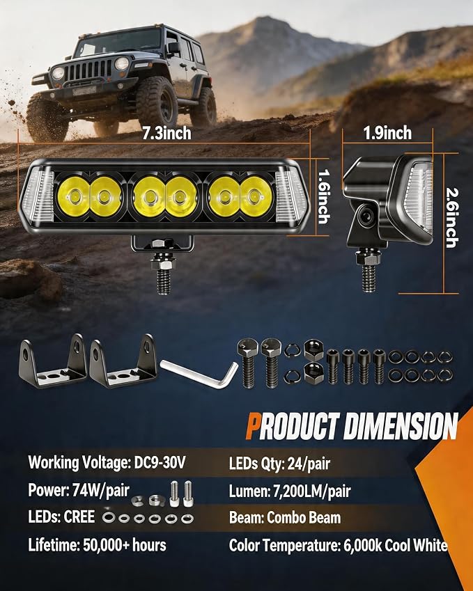 7" Side Shooter LED Light Bar 156W 200° Spot Flood Combo 2PCS | 2PCS 156W 15,600LM LED Back Up Driving Light with 200° panoramic view, spot-flood combo, waterproof, plug-and-play DT harness