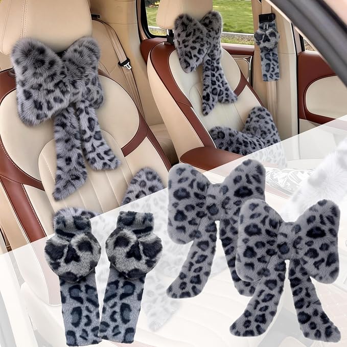 Car Neck Pillow 2PCS Plush Bowknot Car Headrest Pillow – Comfortable Neck Support for Driving Soft Touch Fabric Car Pillow Cute Interior Decor (Blue Leopard Set 4)