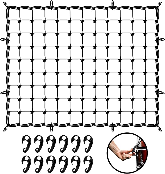 Mockins 50"x36" Large Cargo Net for Pickup Truck Bed, Roof Rack or Trailer | 6mm Thick Elastic Bungee Net with Hooks Stretching Up to 100"x75" | 4"x4" Square Safety Cargo Netting for Any Load Size