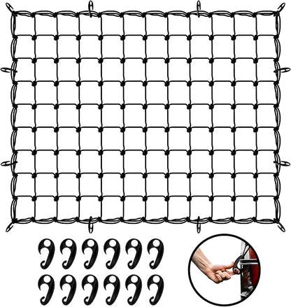 Mockins 50"x36" Large Cargo Net for Pickup Truck Bed, Roof Rack or Trailer | 6mm Thick Elastic Bungee Net with Hooks Stretching Up to 100"x75" | 4"x4" Square Safety Cargo Netting for Any Load Size