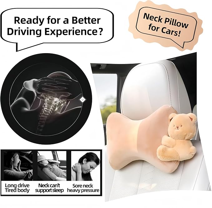 Car Headrest Pillow 2PCS Plush Bear ＆ Bunny Car Seat Headrest Pillow - Memory Foam Neck Support Cushions for Comfortable Driving, Easy Install & Washable (Brown Bear)