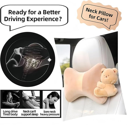 Car Headrest Pillow 2PCS Plush Bear ＆ Bunny Car Seat Headrest Pillow - Memory Foam Neck Support Cushions for Comfortable Driving, Easy Install & Washable (Brown Bear)