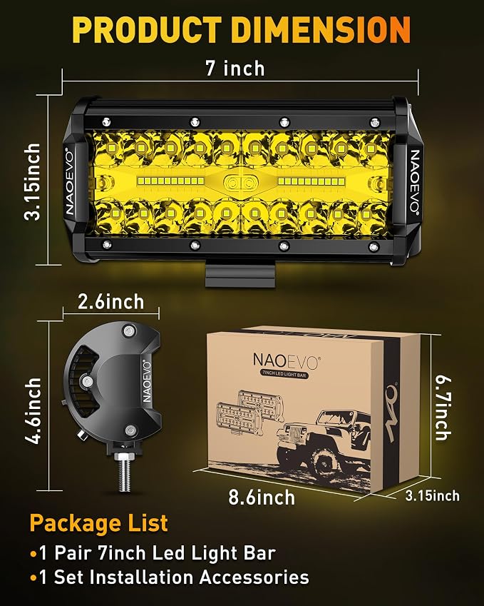 NAOEVO 7 Inch Yellow LED Light Bar, 240W 24,000LM LED Pods/Off Road/Fog/Driving Lights with Spot Flood Combo for Truck Boat UTV ATV, 2-Pack (Yellow)