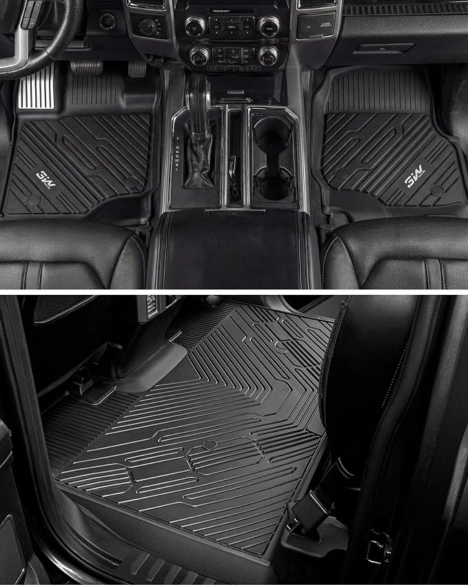 3W Floor Mats (with Metal Pedals) for Ford F-150 2015-2026 & F150 Lightning 2022-2025 SuperCrew (w/o Fold Flat Storage), TPE All Weather Custom Fit, Front & Rear 3PCS | Heavy Duty, Easy Clean - Black