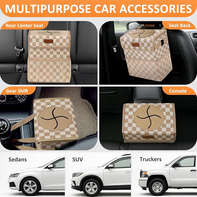 Vankor Car Trash Can Bin with Lid Hanging for Back Seat, Car Accessories for Women Men Leak Proof Automotive Garbage Cans Leakproof Vehicle Trash Can for Truck SUV,Khaki Checkered