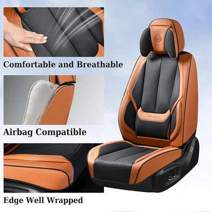 Coverado Universal Seat Covers Full Set, Universal Seat Covers for Cars, 5 Seats Waterproof Nappa Leather Car Seat Covers with Head Pillow, Auto Protectors Fit for Most SUV Pick-up Truck-Black&Brown