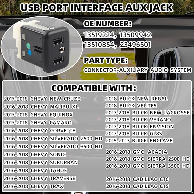 13519224 USB Port AUX Jack Auxiliary Input Adapter Compatible with Chevy Buick GMC Cadillac 2015-2018 Replaces# 13509942 13510854 23496501 CarPlay