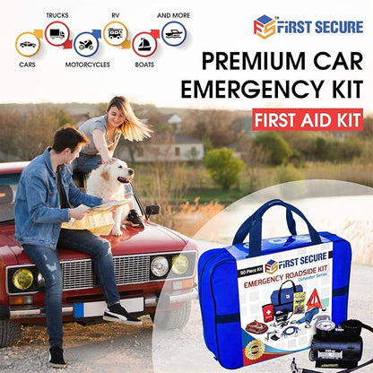 Car Emergency Kit with Air Compressor, Jumper Cables, First Aid, Tow Strap, Tire Gauge, Headlamp – Roadside Safety Kit for Women, Men, Teens