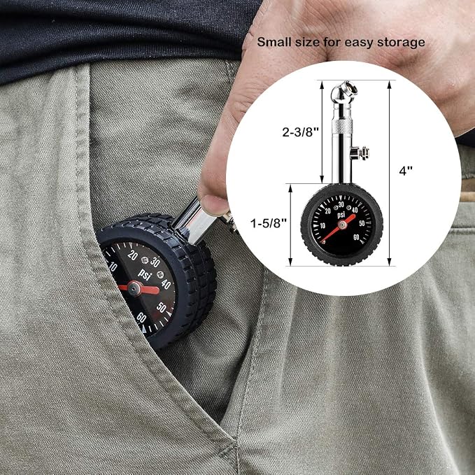 CZC AUTO Heavy Duty Tire Pressure Gauge, ANSI B40.1 Accurate Mechanical Air Gage, Chrome Plated Brass Stem Rotating Single Chuck Dial Wheel Pressure Tester for Motorcycle Bike Car RV Bicycle, 0-60PSI