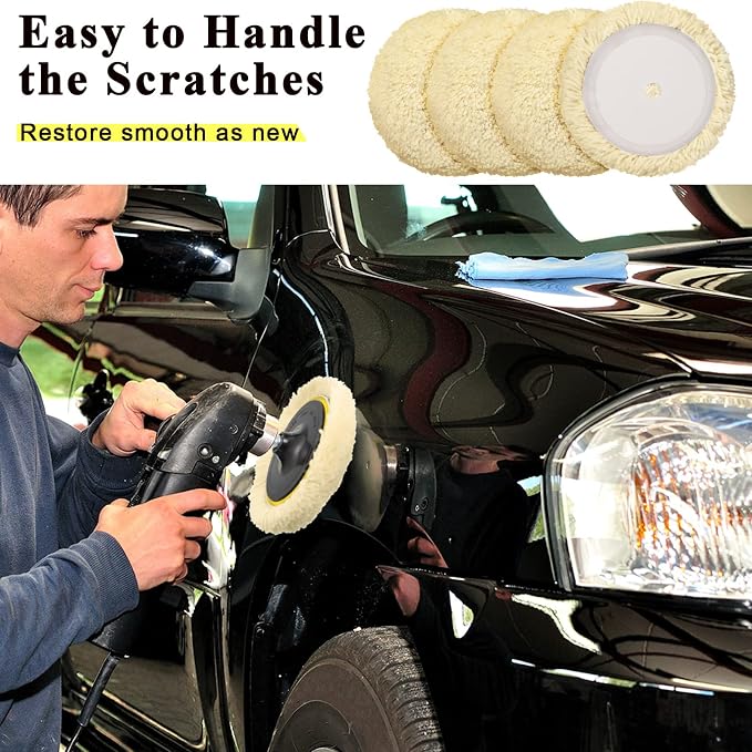 Tallew 6 Pcs 6 Inch Wool Buffing Polishing Pads Hook Loop Cutting Pads with Backing Plate for Car, Boat, Wood, Marble Surface Polishing & Scratch Removal (Original Color)