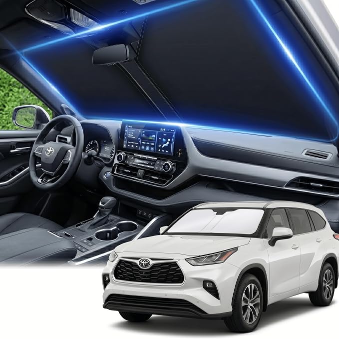 Windshield Sun Shade for Toyota Highlander 2020-2025 2026 Front Window Shade Custom Fit Highlander L LE XLE Limited Platinum Sun Visor Foldable Shade Blocks UV Rays Summer Must Have Accessories