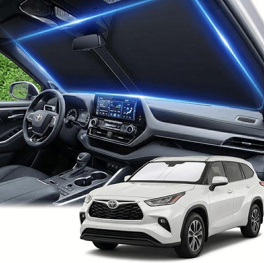Windshield Sun Shade for Toyota Highlander 2020-2025 2026 Front Window Shade Custom Fit Highlander L LE XLE Limited Platinum Sun Visor Foldable Shade Blocks UV Rays Summer Must Have Accessories