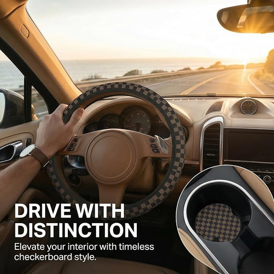 Checkered Black Brown Steering Wheel Cover 15 Inch Car + 2 pc Car Coasters | Black Brown Checkered Steering Wheel Cover Anti-Slip Breathable Universal for Suitable