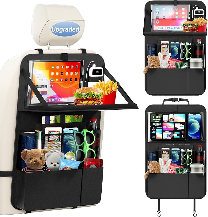 KaiCross Backseat Car Organizer with Upgraded Foldable Tray, Car Seat Organizer for Kids, Travel Accessories with 9 Storage Pockets,Car Seat Organizer Backseat with Touch Screen-1 Pack