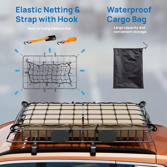TUFFIOM 64"x 39"x 6" Universal Rooftop Cargo Carrier Basket, Extendable Steel Roof Rack Basket w/Net+Storage Bag+Straps, Heavy Duty Car Top Rack Luggage Holder Carrier for SUV Car Truck Van