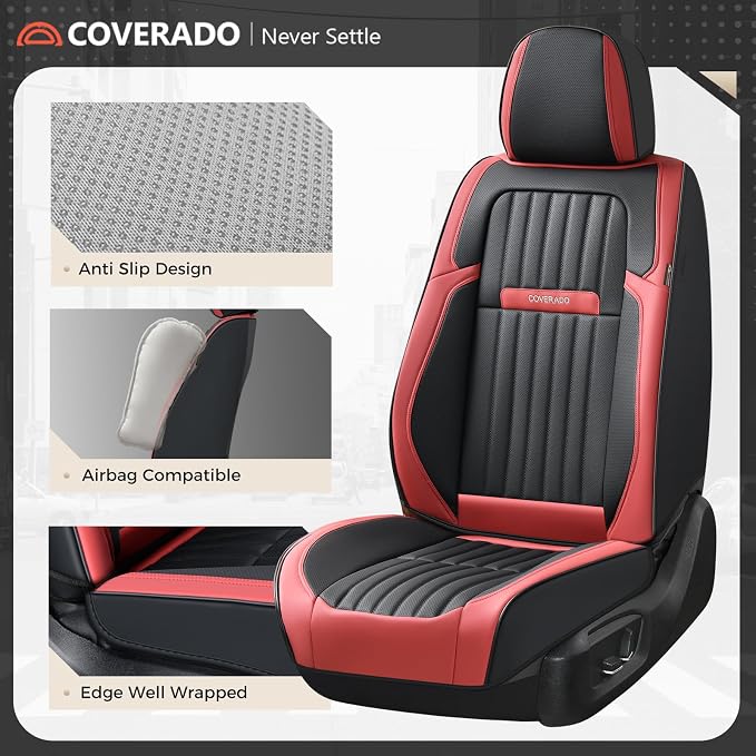 Coverado Car Seat Covers Full Set, Seat Covers for Cars, Car Seat Cover, Car Seat Protector, Leather Car Seat Cushion, Waterproof Car Seat Covers Front Seats and Back Fit for Most Cars(Red&Black)