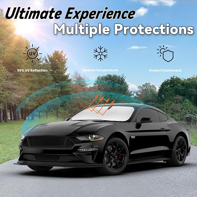 Custom Fit Ford Mustang (Not for Mach-E) 2015-2026 Windshield Sun Shade | PAIMOHO Car Front Window Sunshade with 240T Sun Visor Protector Blocks UV Rays Heat Sun Shield Accessories