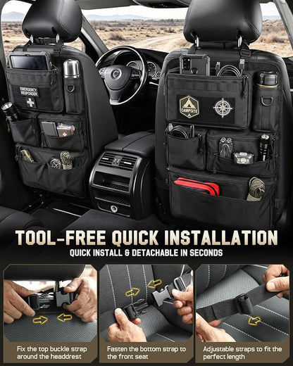All in One Car Seat Back Organizer, Heavy Duty Molle Panel Seat Back Protector with Multi-Pockets Storage for Tools, Camping, Travel, Fit Most Cars SUV Trucks Jeeps Pickups