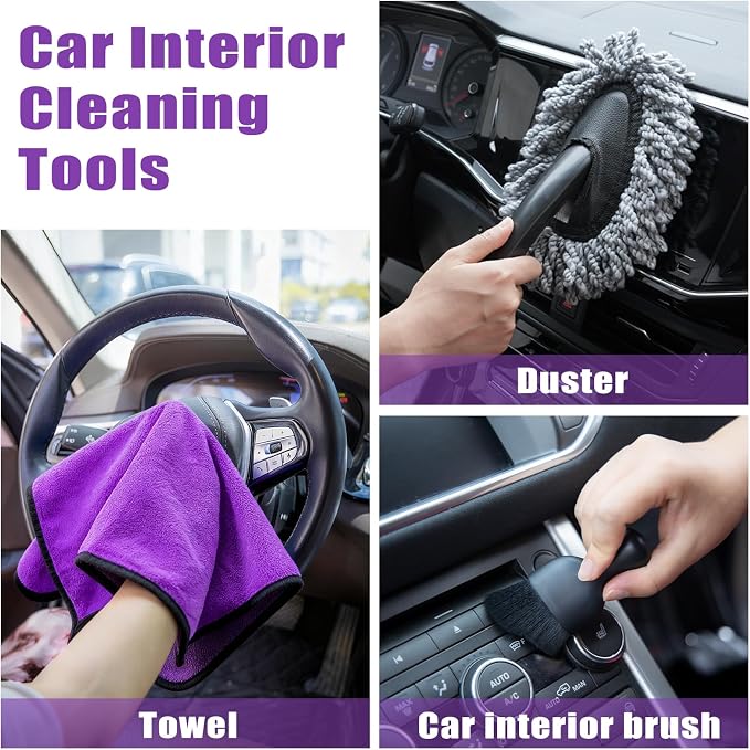 Windshield Cleaner Tool, 17Pcs Car Interior Detailing Kit, Detailing Brush, Towels, Duster, Car Cleaning Kit Interior for RVs, Truck, Trailer (Purple)