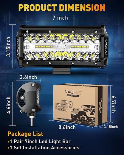 NAOEVO 7 Inch LED Light Bar, 240W 24,000LM LED Pods/Off Road/Fog/Driving Lights with Spot Flood Combo for Truck Boat UTV ATV, 2-Pack (White)