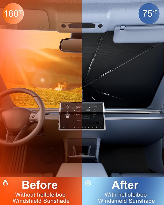 helloleiboo Custom Fit Tesla Model 3/Y Windshield Sun Shade Umbrella, Foldable 5-Layer Vinyl Coating, Reflective Heat and UV Protection