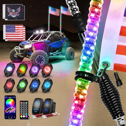Nilight 2PCS 4FT RGB LED Whip Light with Spring Base and 8 PCS Rock Lights Combo, Remote App Control w/DIY Chasing Patterns Turn Signal Brake Reverse Antenna Lighted Whips for ATV UTV Polaris RZR Jeep