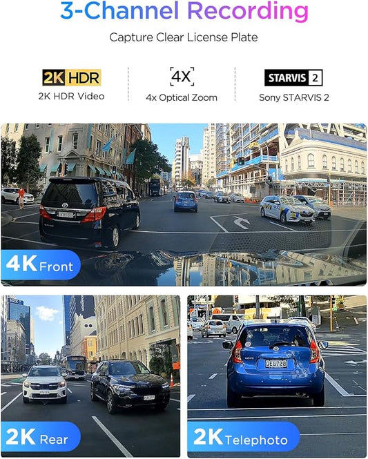 VIOFO A329T 4K 3 Channel Dash Cam, 4K Front + 2K Telephoto + 2K Rear, Power Saving Parking Mode, Wi-Fi 6 App Control, All-Channel STARVIS 2 Sensors, Supports up to 4TB SSD Storage