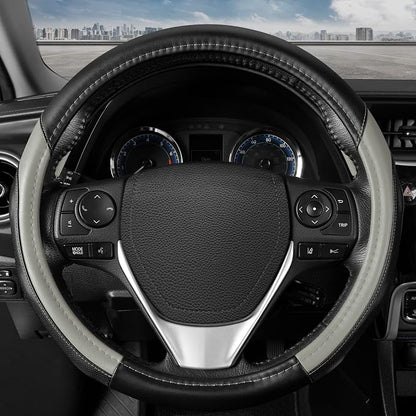 Motor Trend SportDrive Faux Leather Steering Wheel Cover, Standard 15 inch Size, Two-Tone Black & Light Gray, Car Steering Wheel Cover for Truck Van SUV Auto
