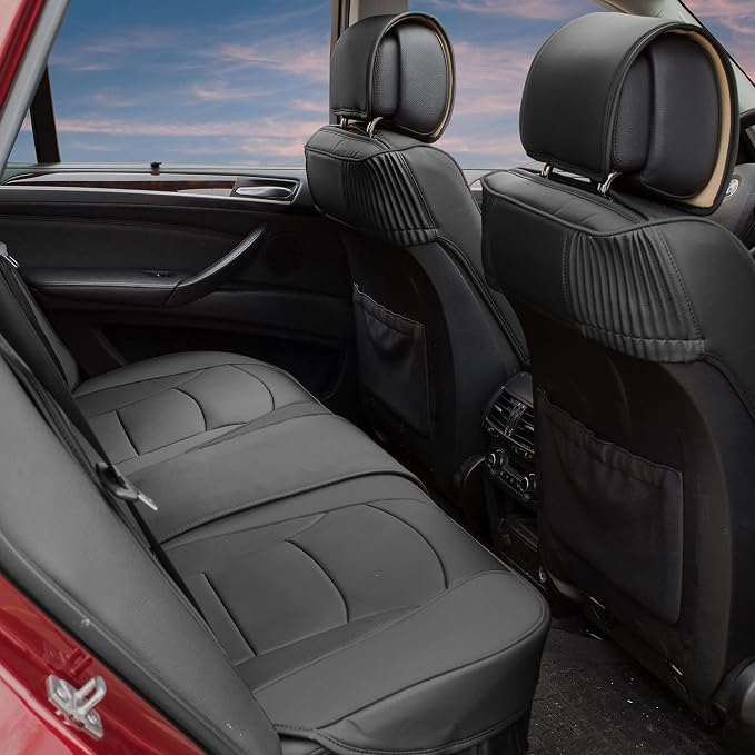 FH Group Ultra Comfort Highest Grade Faux Leather Full Set Car Seat Cushions– Universal Fit for Cars Trucks & SUVs (Solid Black)