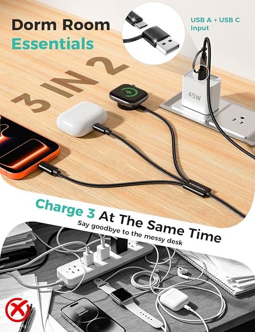 Travel Essentials,3 in 2 USB C Cable for Apple Watch Charger,iPhone Charger,Multi Charging Cable,Cruise Vacation Camping Portable for iWatch Series 11-2/Ultra/SE & iPhone 17-12,Car,Black-6FT