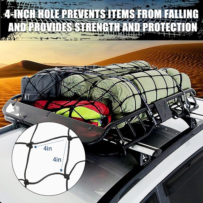 Heavy Duty Truck Bed Cargo Net (4'x6' to 8'x12') - 4"x4" Tight Mesh, 12 Metal Carabiners - Weather Resistant Latex Bungee Net for Pickup Trucks, Trailers, ATVs, Moving, Camping & Overlanding