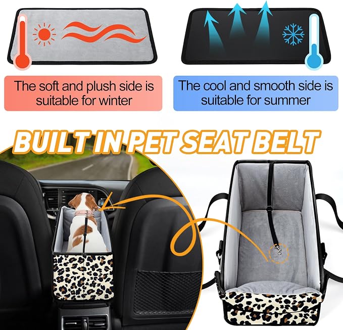 Portable Dog Car Seat for Small Dogs - Adjustable Safety Leash, Washable Cushion & Storage Pocket - Pet Booster Seat for Car Travel- Leopard