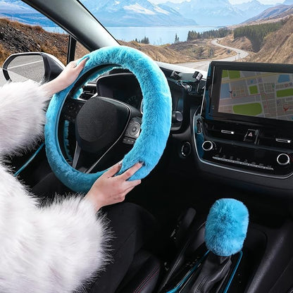 SEG Direct Furry Car Steering Wheel Cover with Gear Shift Cover, Soft and Warm, Cute Fluffy Auto Decor for Women Men, Standard Size, 2 PCS Set, Cyan