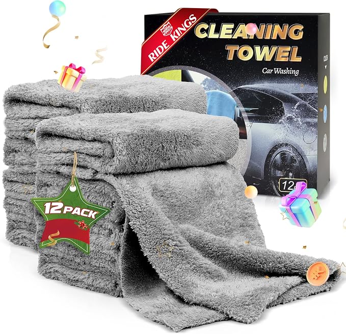 Car Wash Drying Towels, 450gsm Ultra-Thick Absorbent Lint-Free Extra Soft Microfiber Rags for Car Detailing, Interior & Exterior Cleaning Cloths, 16in x 16in - Coral Fleece, Grey, 12 Packs