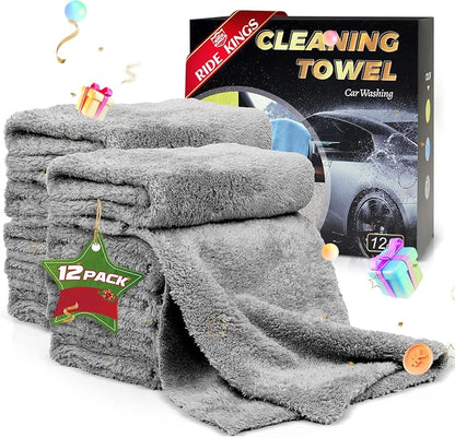 Car Wash Drying Towels, 450gsm Ultra-Thick Absorbent Lint-Free Extra Soft Microfiber Rags for Car Detailing, Interior & Exterior Cleaning Cloths, 16in x 16in - Coral Fleece, Grey, 12 Packs
