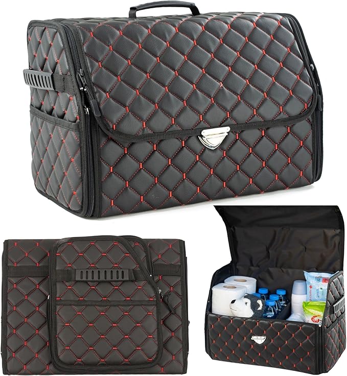 Leather Trunk Organizer with Lid for Suv and more, Foldable Car Organizer, Car Organizers and Storage with Pockets, Non-Slip Design (Red-Black)