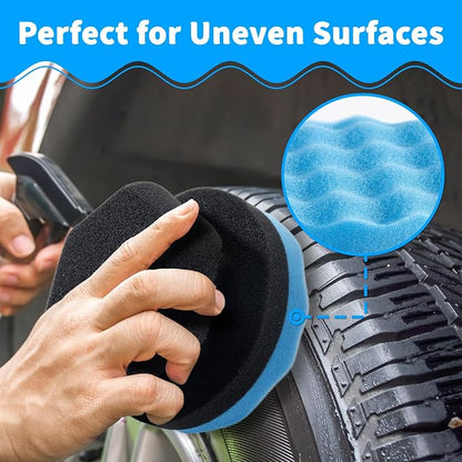SIMPOR Tire Shine Applicator Brush and Hex Grip Sponge Pad Kit, Soft Bristle Tire Dressing Applicator with Storage Stand, No Mess Car Detailing Wave Foam Sponge Tool for Cleaning Waxing (2 Pack)
