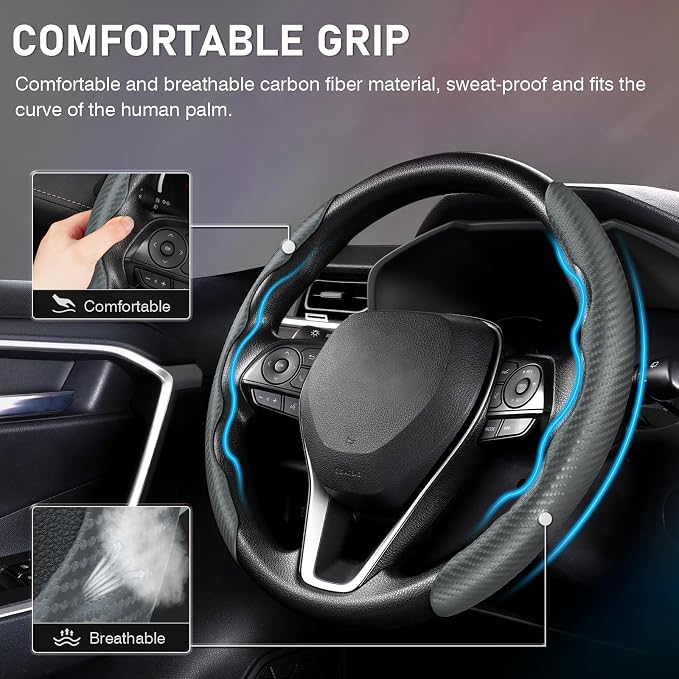 Cartist Steering Wheel Cover, Carbon Fiber Steering Wheel Cover for Men/Women, Anti-Slip, Comfortable Grip, Durable, Universal for 99% Car Interior Accessories (Dark Gray)