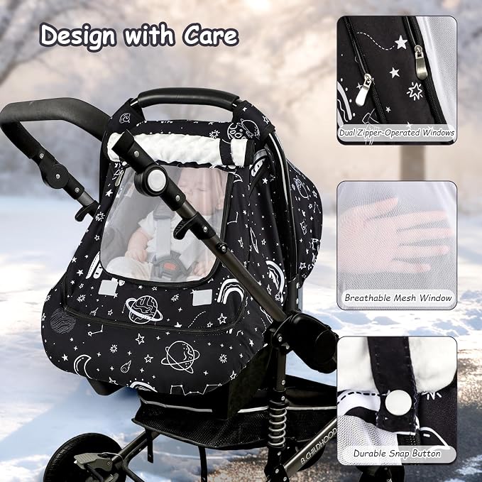 Winter Car Seat Cover Baby with Sunshade & Dual Zipper Windows - Minky Bubble Lined Windproof Soft Shell, Warm Newborn Car Seat Canopy Covers, Elastic Bottom for Stroller & Infant Car Seat, Space