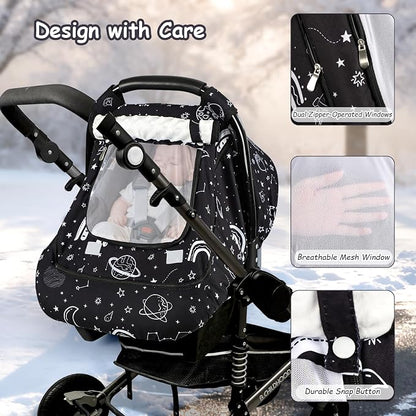 Winter Car Seat Cover Baby with Sunshade & Dual Zipper Windows - Minky Bubble Lined Windproof Soft Shell, Warm Newborn Car Seat Canopy Covers, Elastic Bottom for Stroller & Infant Car Seat, Space