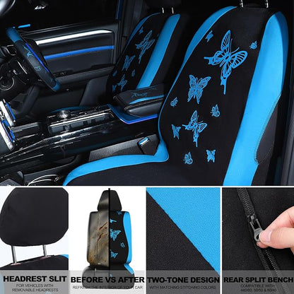 BBTO 43 Pcs Butterfly Car Seat Full Set Butterfly Car Accessories for Women 5 Front Rear Seat Covers Wrist Strap 2 Pcs Cup Mat Armrest Pad 2 Belt Xmas Cover Accessories for SUV(Light Blue, Black)