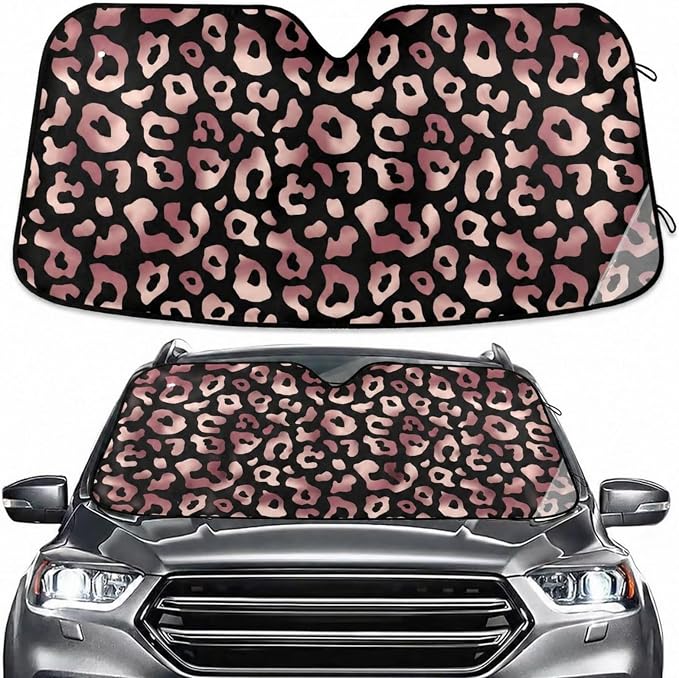 Windshield Sun Shade Rose Gold Pink Leopard Cheetah Animal Front Window Block UV Shades Visor Reflective Retractable for Car SUV Trucks