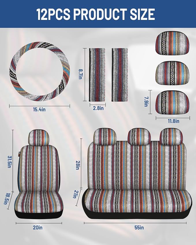 Baja Saddle Blanket Car Seat Covers Full Set with Seat Belt Pads and Steering Wheel Cover, Washable Breathable Striped Woven Cloth Seat Covers for Cars, SUV, Truck, Large Size(Red)
