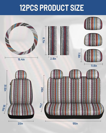 Baja Saddle Blanket Car Seat Covers Full Set with Seat Belt Pads and Steering Wheel Cover, Washable Breathable Striped Woven Cloth Seat Covers for Cars, SUV, Truck, Large Size(Red)
