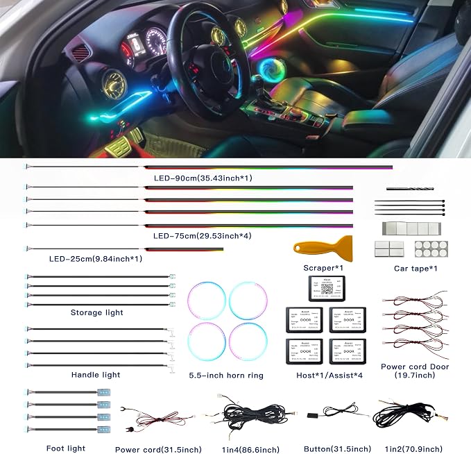 Acrylic Interior Car LED Strip Lights, Colorful 22-in-1 Car Ambient Lighting Kit, with APP Control, 622 LED Fiber Optic Strip Lights for Cars, Supports Neon Sync with Music DIY Mode.