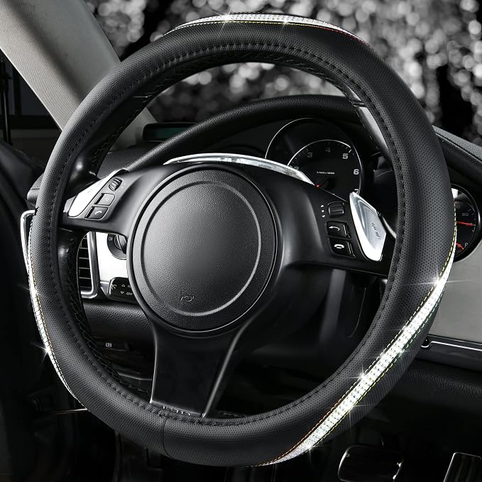 CAR PASS Bling Diamond Black Leather Steering Wheel Cover, Studded Crystal Rhinestones Universal Fit 14" 1/2-15" Glitter for Women Sparkle Girl Fit Suvs,Vans,Sedans,Car,Trucks, Multicolor Diamond