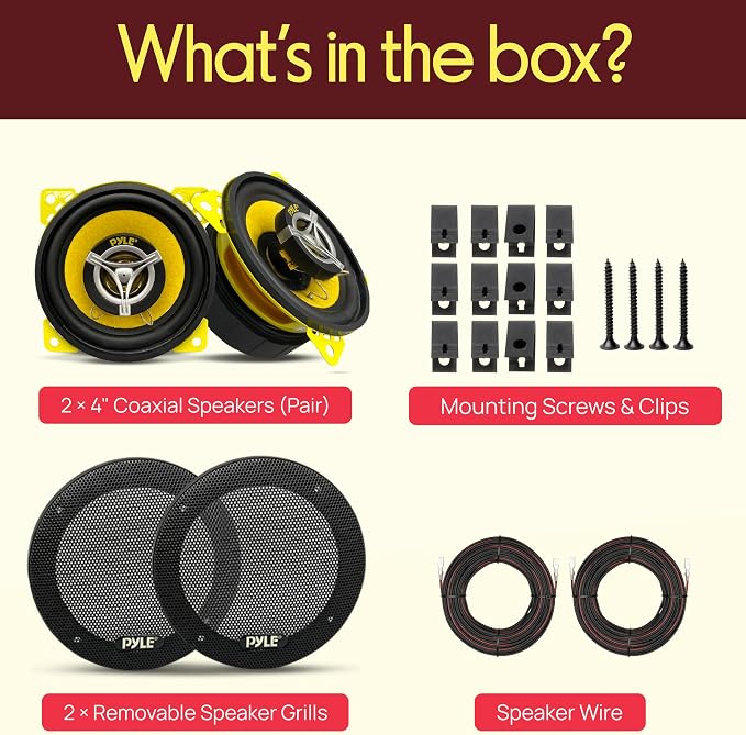 Pyle Car Two Way Speaker System-Pro 4 Inch 140 Watt 4 Ohm Mid Tweeter Component Audio Sound Coaxial Speakers For Car Stereo w/20 Oz Magnet,1.85” Mount Depth Fits Standard OEM-Pyle PLG4.2(Pair),Yellow