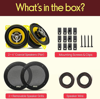Pyle Car Two Way Speaker System-Pro 4 Inch 140 Watt 4 Ohm Mid Tweeter Component Audio Sound Coaxial Speakers For Car Stereo w/20 Oz Magnet,1.85” Mount Depth Fits Standard OEM-Pyle PLG4.2(Pair),Yellow