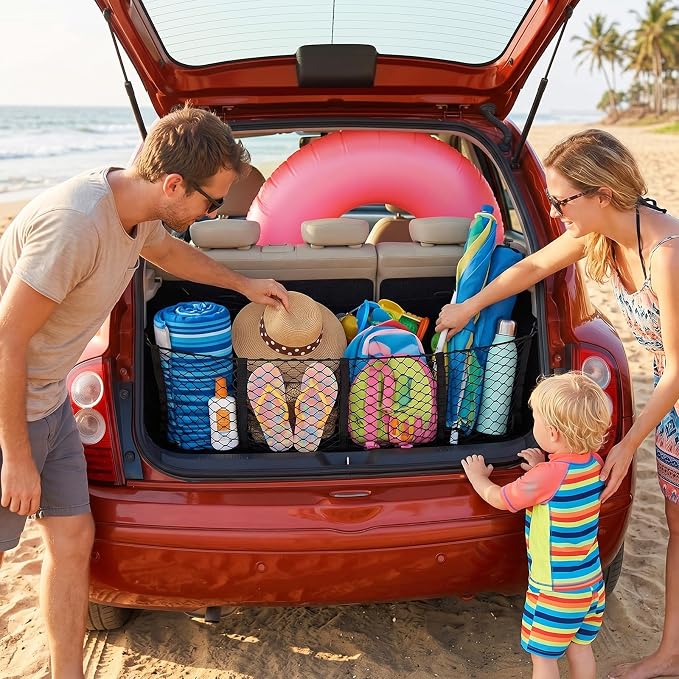 Cargo Net for Car, Expandable 4 Pocket Heavy-Duty Cargo Net Organizer, Black Mesh Storage Pocket with 4 Metal Carabiners Universal for Car, SUV, Pickup Truck, Van Trunk Bed- 51.2” x 11.8”